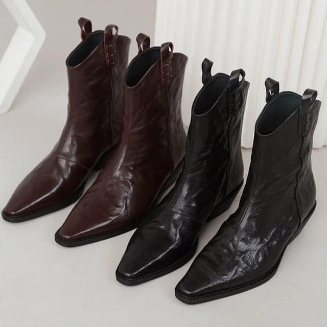 Anran-Block Heel Pointy Short Boots