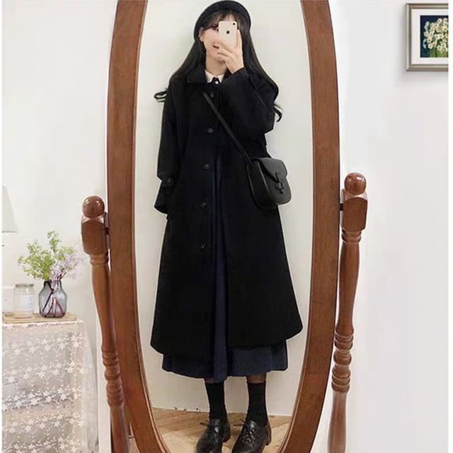 Acoustic Rain-Collar Plain Midi Single-Breasted Coat