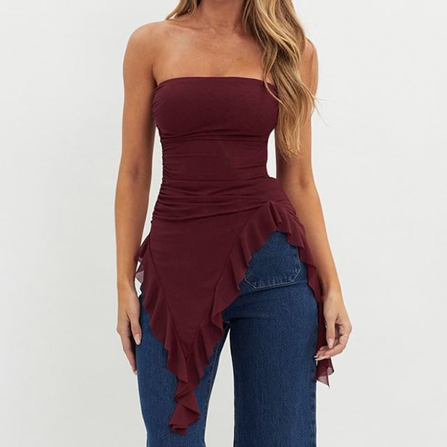 TYPESERVICE ♥ Asymmetrical Ruffle Trim Raglan Top Crop reliable top asymmetrical ruffle top