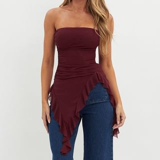 Trilake - Plain Asymmetrical Ruffle Trim Ruched Mesh Tube