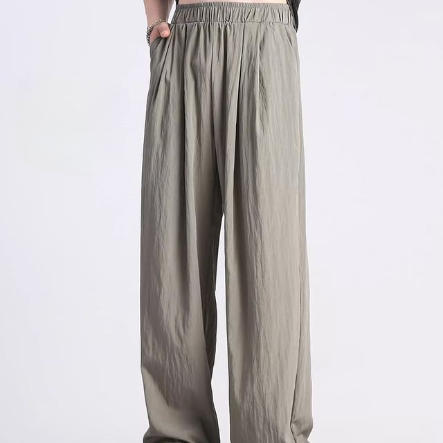 emeisa-Elastic Waist Plain Loose Fit Pants