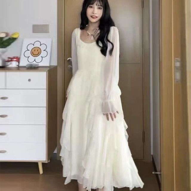 Everose - Long-Sleeve Plain Chiffon Midi A-Line Dress | YesStyle