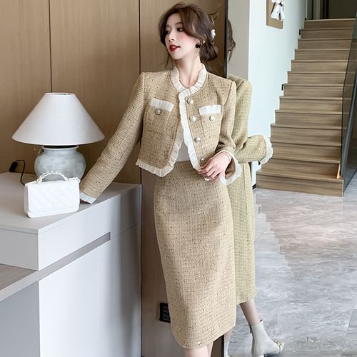 AMOS - Set: Tweed Sequined Ruffle Trim Button-Up Jacket + High Waist Midi A-Lie Skirt | YesStyle AMOS - Set: Tweed Sequined Ruffle Trim Button-Up Jacket + High Waist Midi A-Lie Skirt | YesStyle