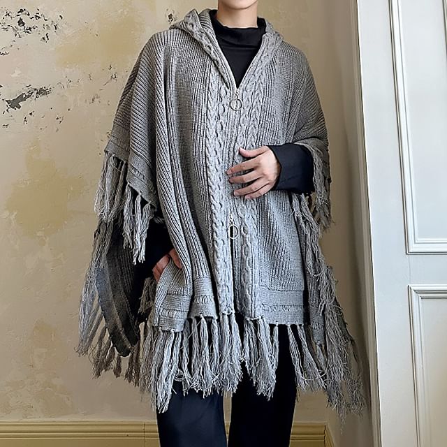 Bjorn-Plain Fringe Cable Knit Zip Cape Cardigan