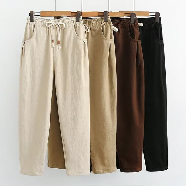 PANDAGO-Drawstring Plain Crop Straight Leg Pants