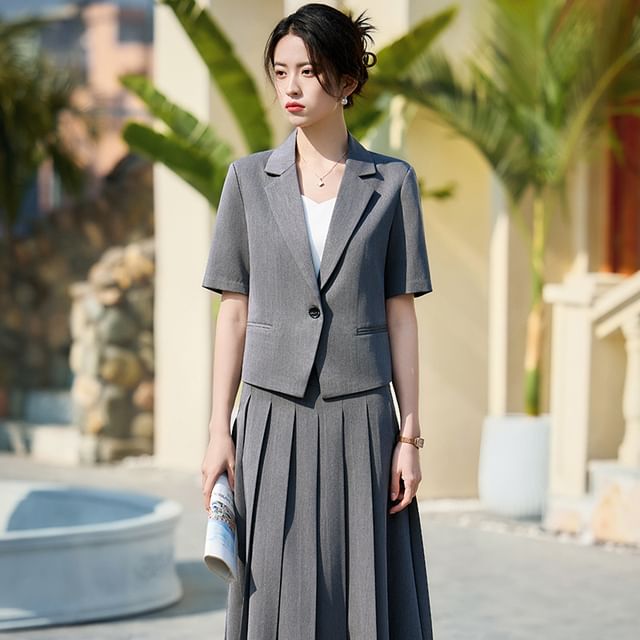Princess Min-Set Short-Sleeve Notch Lapel Plain Single-Button Blazer High Rise Accordion Pleated Midi A-Line Skirt