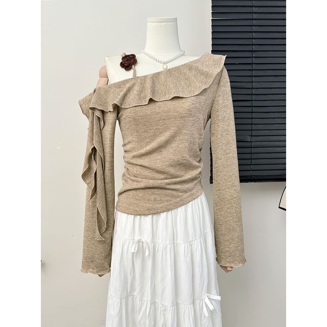 Lemongrass-Ruffled One-Shoulder Ruched Tee