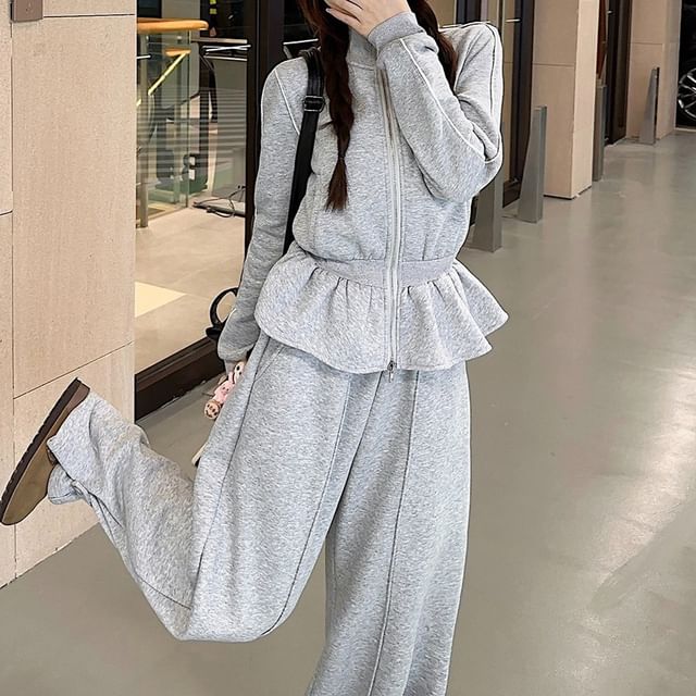 Trendycas - Stand Collar Melange Peplum Zip Jacket / High Rise