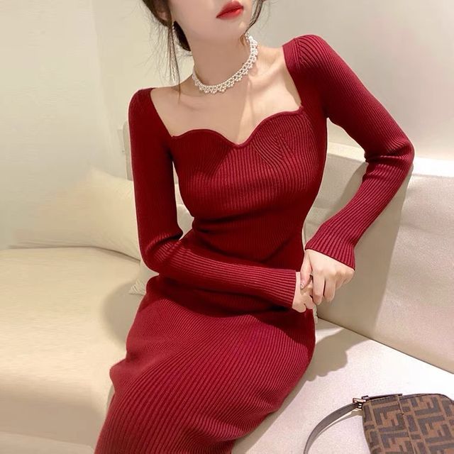 Sancus - Long-Sleeve Sweetheart Neck Plain Ribbed Knit Midi Sheath Dress |  YesStyle