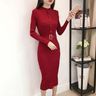 tie waist long sleeve knit midi dress