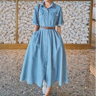 Jinyo Short-Sleeve Denim Midi A-Line Dress Sale