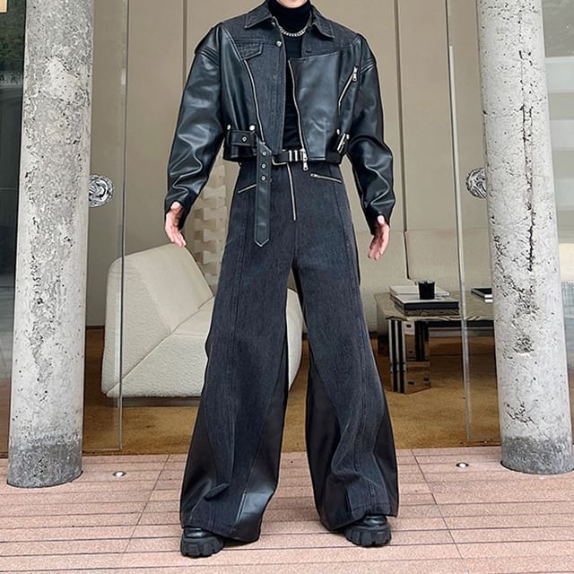 Omozando - Set: Faux Leather Denim Panel Corp Biker Jacket + Wide