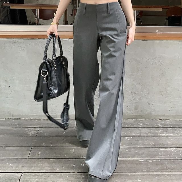 Trendycas-Mid Waist Plain Flared Dress Pants