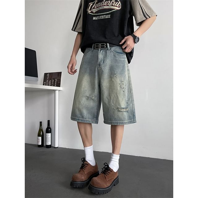 Plummie-Mid Rise Washed Distressed Denim Shorts