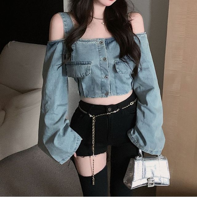 Amanee Long-Sleeve Cold Shoulder Washed Crop Denim Top YesStyle
