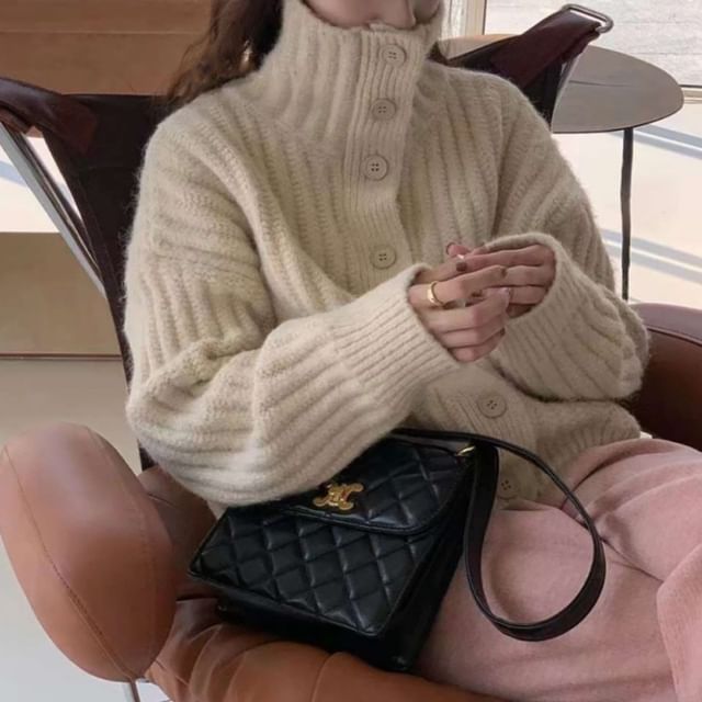 Sienne-Turtleneck Button-Up Plain Cardigan