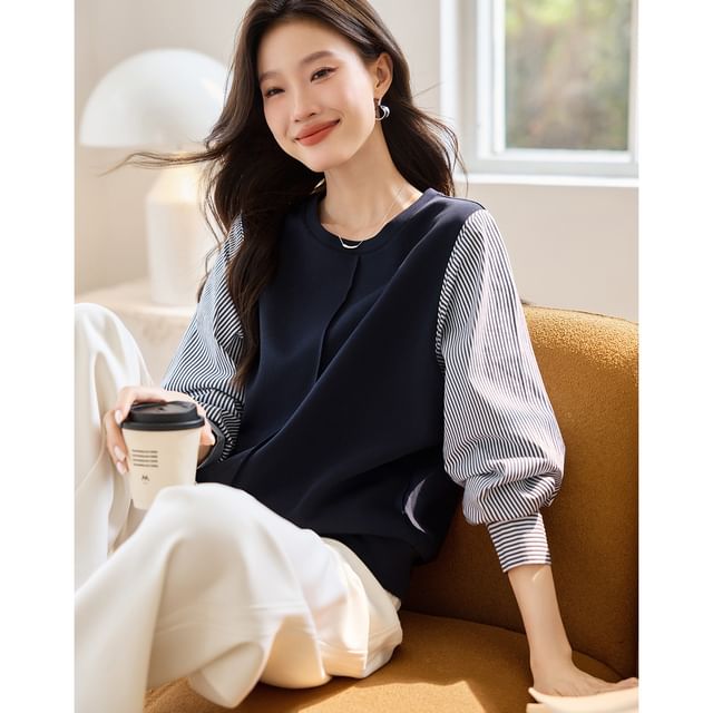 Jeonseon-Mock Two-Piece Puff-Sleeve Striped Panel Blouse