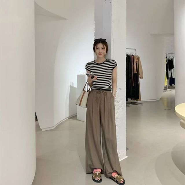 Everose-Elastic Waist Plain Wide Leg Pants