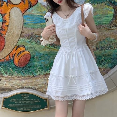 Closette Ruffle Short Sleeve V Neck Lace Trimmed Mini A Line Dress White M