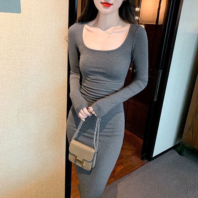 Square Neck Plain Bodycon Dress Square Neck Plain Bodycon Dress