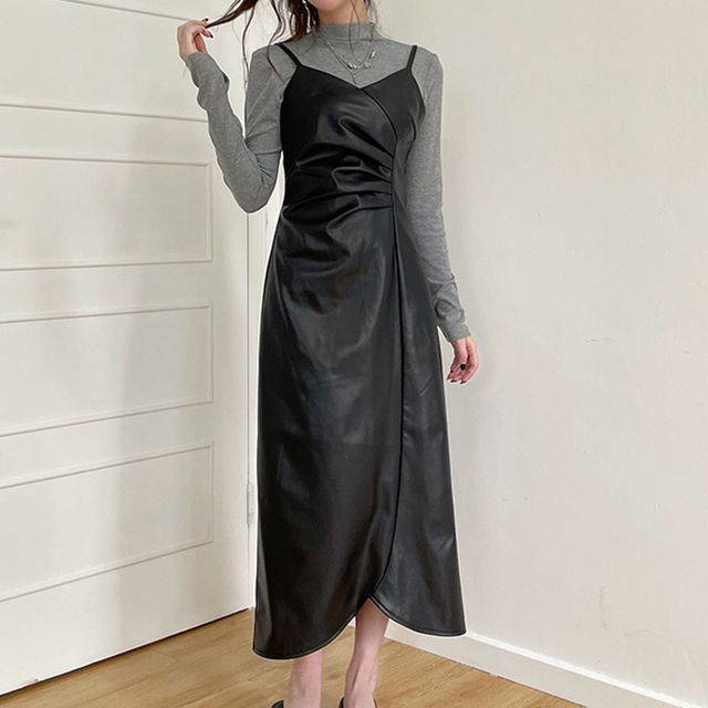 Puffie - Spaghetti Strap V-Neck Faux Leather Midi Dress / Long Sleeve Plain Crop Top | YesStyle Puffie - Spaghetti Strap V-Neck Faux Leather Midi Dress / Long Sleeve Plain Crop Top | YesStyle
