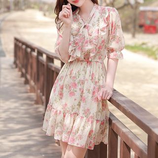 MyFiona - Tie-Neck Frilled Floral Chiffon Dress | YesStyle
