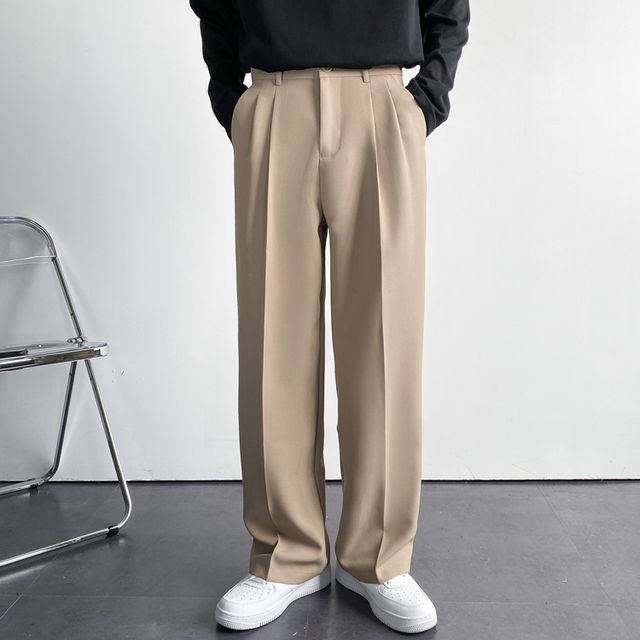Nightbell-Mid Rise Plain Wide Leg Pants