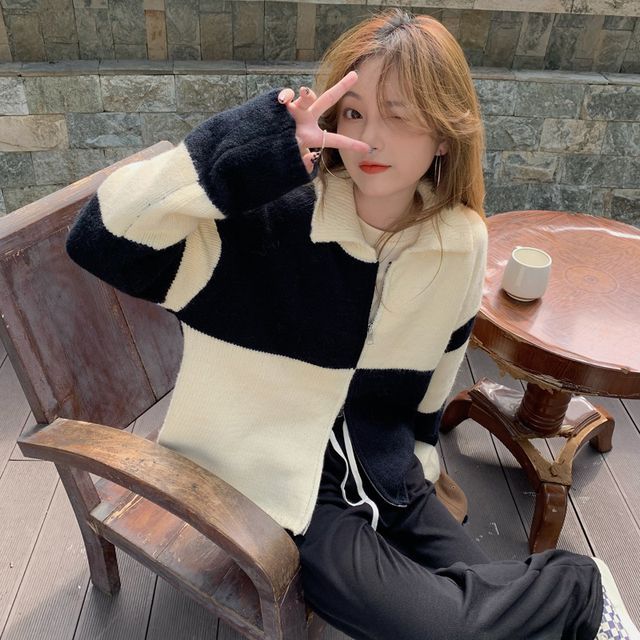 トップス CHECKER BOARD COLLAR ZIP UP CARDIGAN Soswift - Collar Checkerboard Zip Cardigan | YesStyle