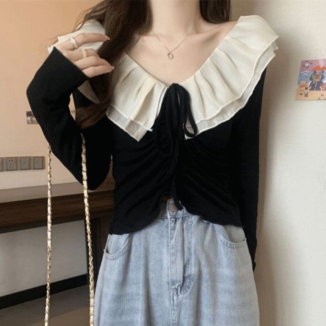 Fenosatra Long-Sleeve V-Neck Layered Ruffle Trim Drawstring Crop