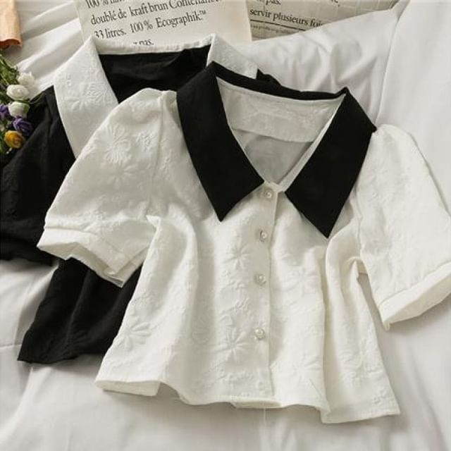 Sisyphi-Short-Sleeve Collared Two Tone Button-Up Blouse