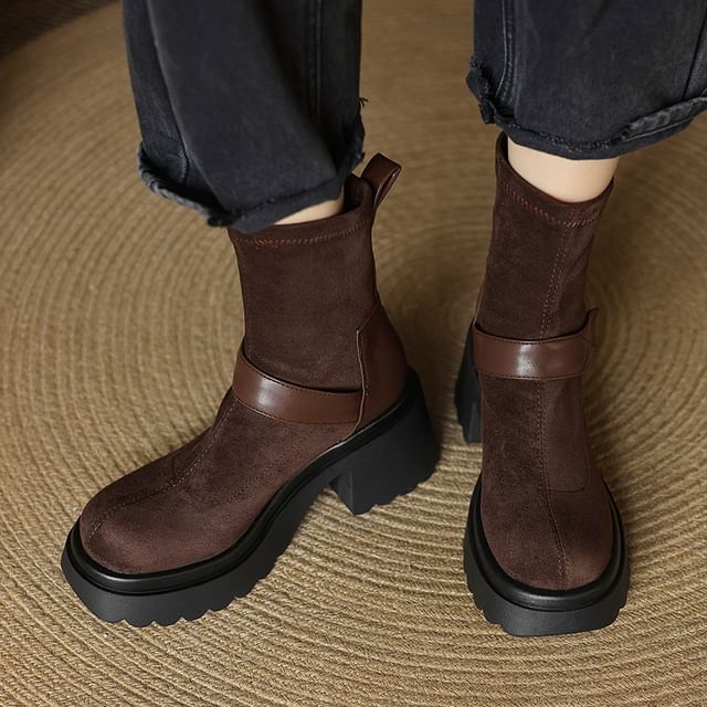 Cinnabelle-Platform Panel Faux Suede Block Heel Short Boots