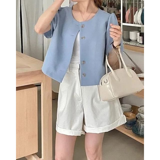 SeoulPop-Short-Sleeve Plain Button-Up Cropped Jacket