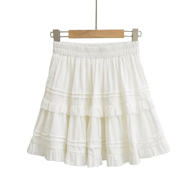 Ulark-Elastic Waist Plain Ruffle Pintuck Mini A-Line Skirt