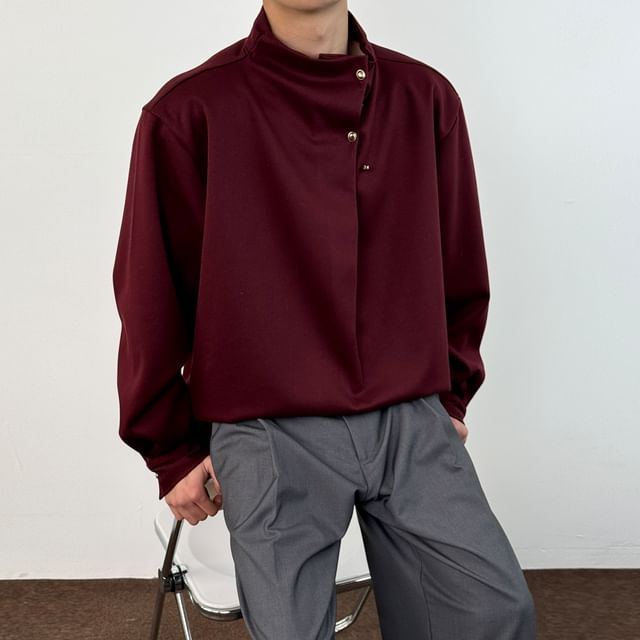 DragonRoad-Long-Sleeve Stand Collar Plain Buttoned Shirt