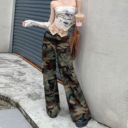 Camouflage Printed Wide Leg Cargo Pants