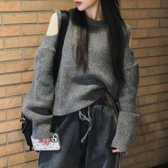 ISSOL-Crew Neck Cold Shoulder Plain Sweater