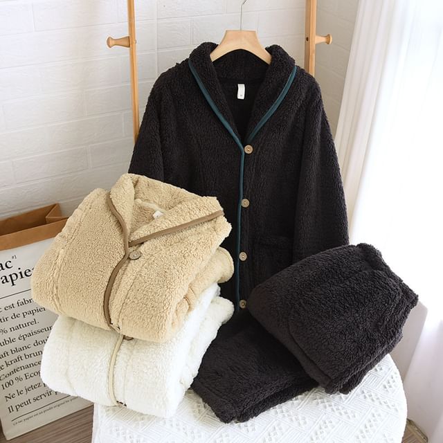 Somnus-Couple Matching Shawl Collar Contrast Trim Fleece Button Jacket Elastic Waist Straight Leg Pants Various Designs