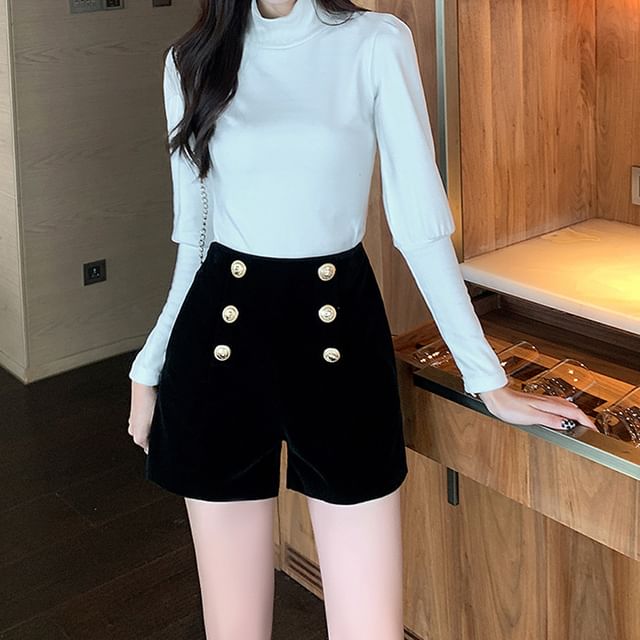 Everose-High Waist Plain Double Breasted Velvet Shorts