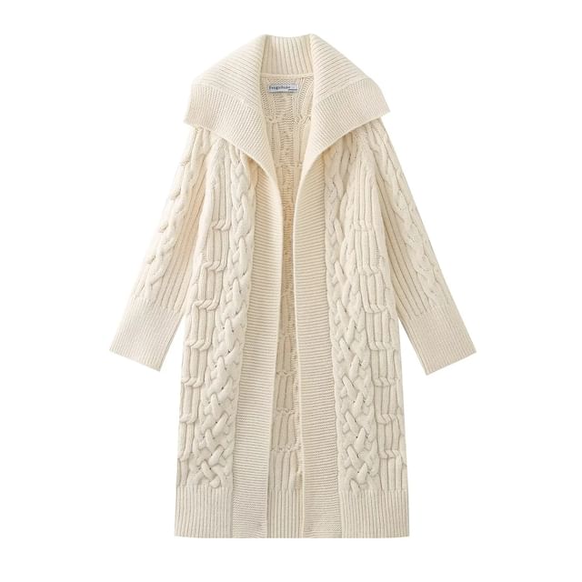 Omelia - Collared Plain Cable Knit Open Front Long Cardigan | YesStyle