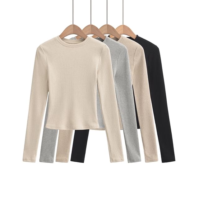 Ulark-Long Sleeve Round Neck Plain Ribbed Knit Crop Top