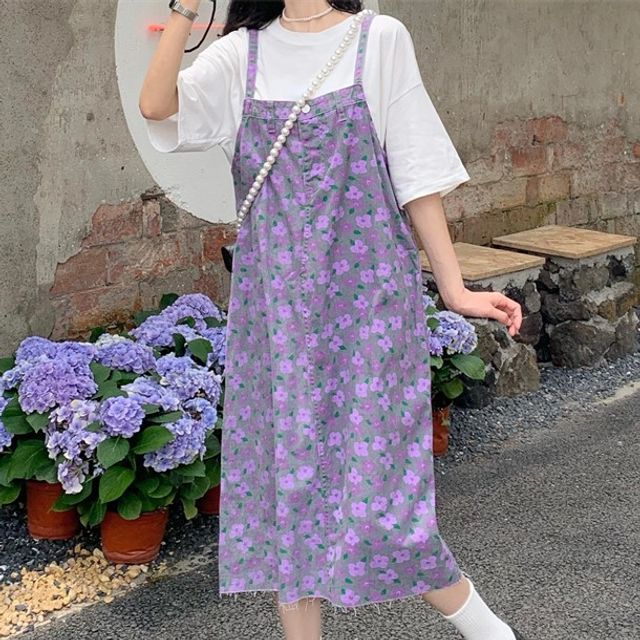 OUREA - Floral Denim Midi Overall Dress | YesStyle