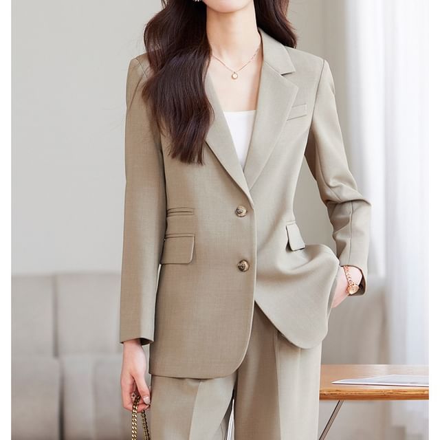 Skyheart-Lapel Collar Plain Single Button Blazer Mid Rise Plain Bootcut Dress Pants Set