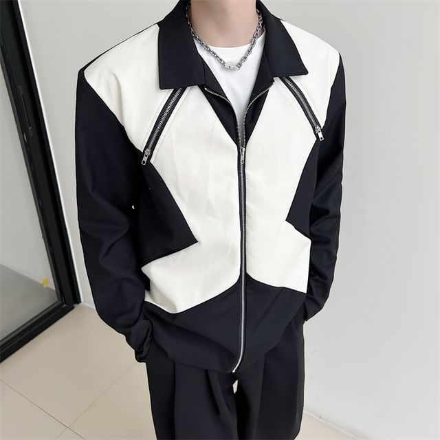 Orungeetun-Collared Two Tone Panel Faux Leather Zip Jacket