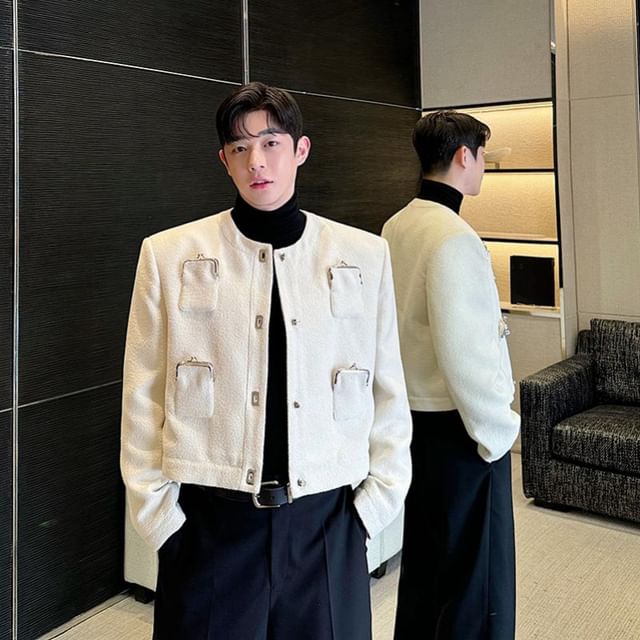 Freehop-Round Neck Plain Cropped Button Jacket