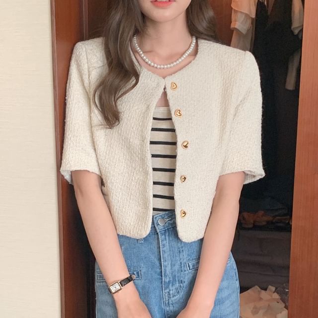 ANORA-Elbow-Sleeve Crew Neck Button-Up Plain Tweed Crop Jacket