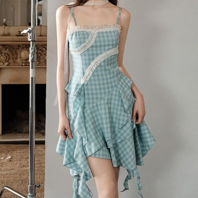 Essere-Spaghetti Strap Plaid Panel Dress