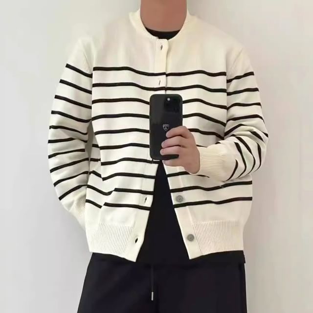 Femilina-Stand Collar Striped Button-Up Cardigan