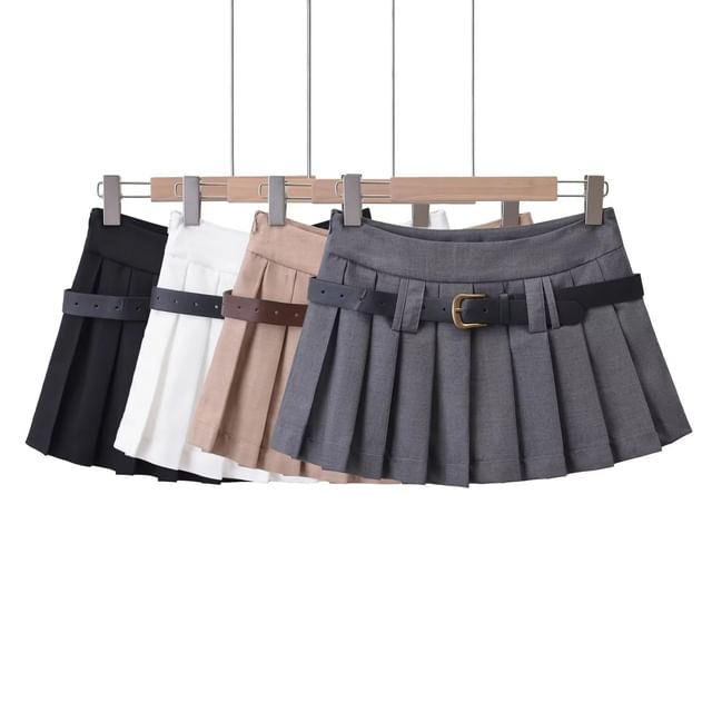 Asiris-Low Waist Plain Mini Pleated Skirt