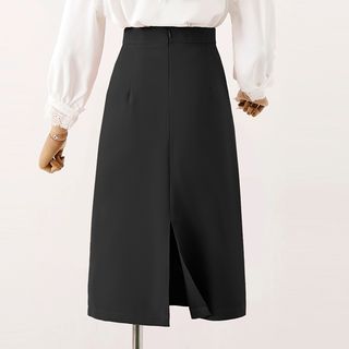 MISSJAND Tie Neck Plain Shirt High Waist Midi A Line Skirt