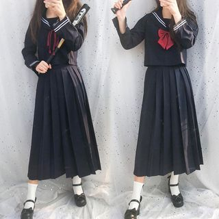 Chrystina - Set: Long-Sleeve Sailor Collar Shirt + A-Line Pleated Skirt ...